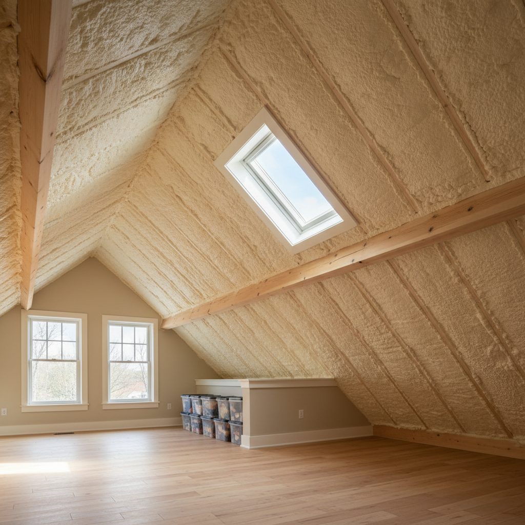 Thick spray foam insulation on the rafters of a North Carolina attic