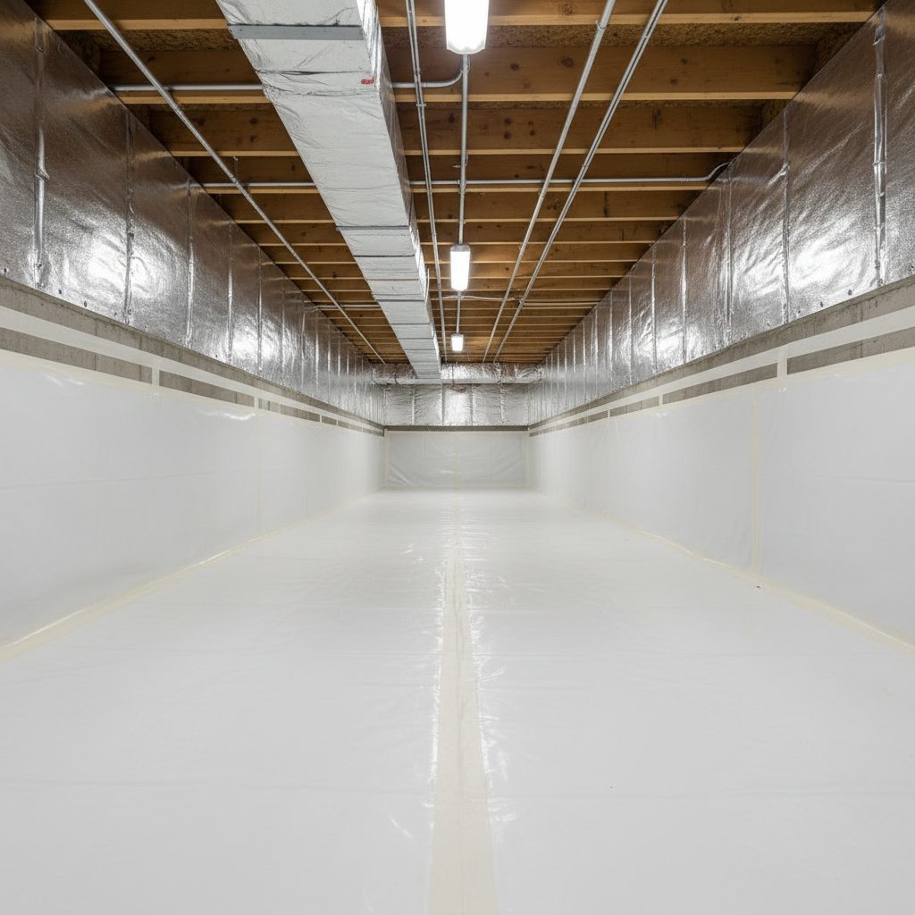 Encapsulated crawl space with a sealed white vapor barrier in Greensboro, NC