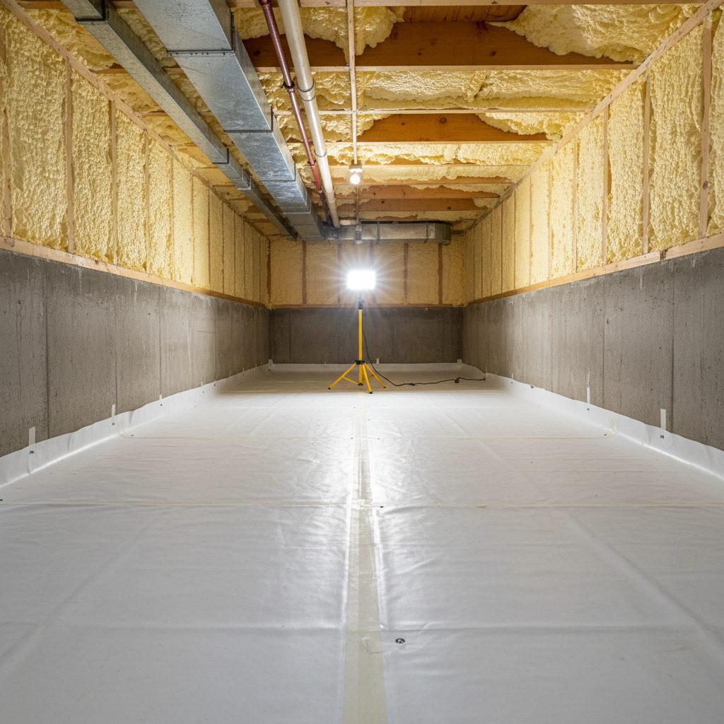 Encapsulated crawl space with spray-foamed rim joists and a clean vapor barrier in Greensboro, NC
