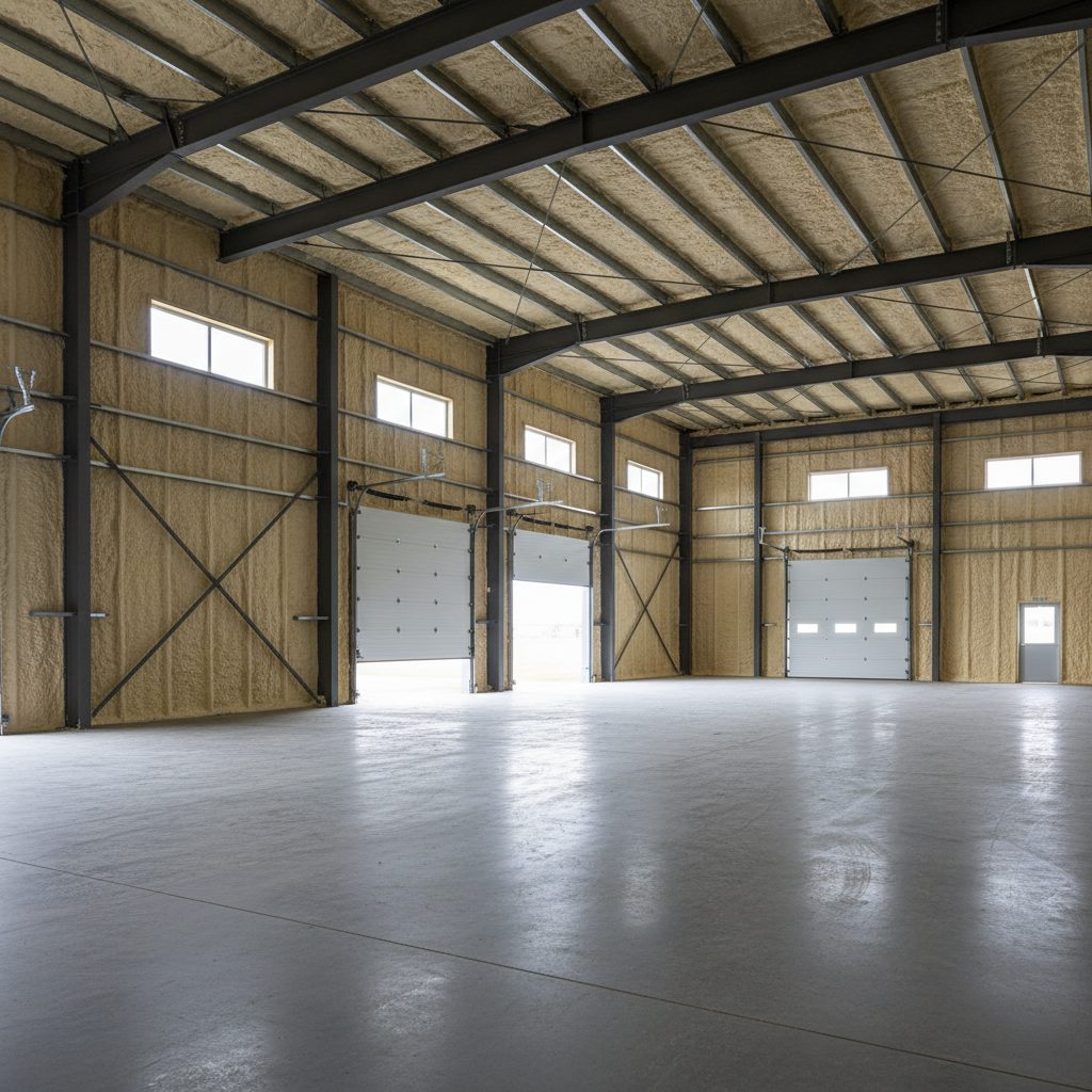 Spray foam insulation on the roof and walls of a steel metal building in Greensboro, NC