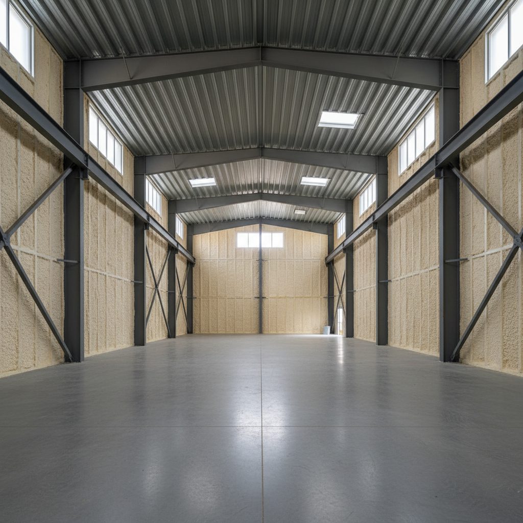 Spray foam insulation applied to the steel walls of a metal building