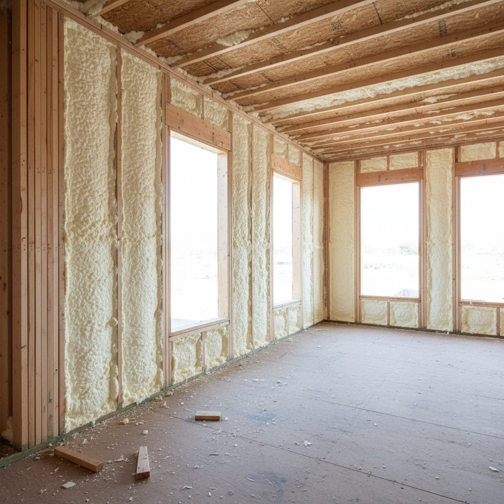 Open-cell spray foam in the stud wall cavities of a new-construction Greensboro, NC home