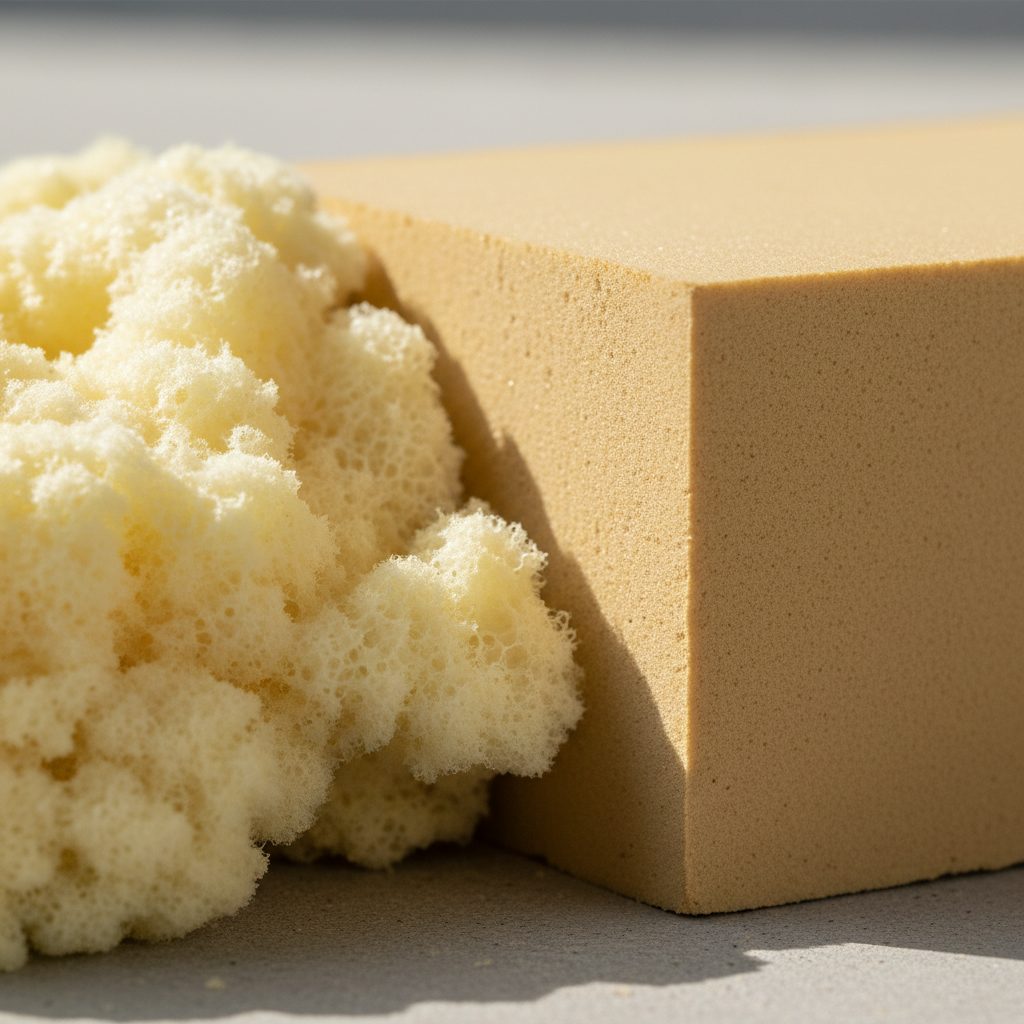 Close-up comparison of open-cell and closed-cell spray foam insulation