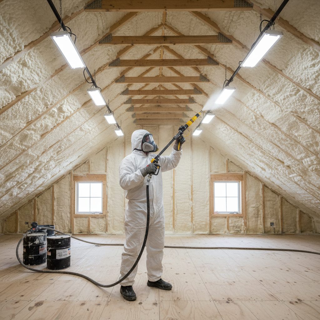 Insulation technician in protective gear applying spray foam safely