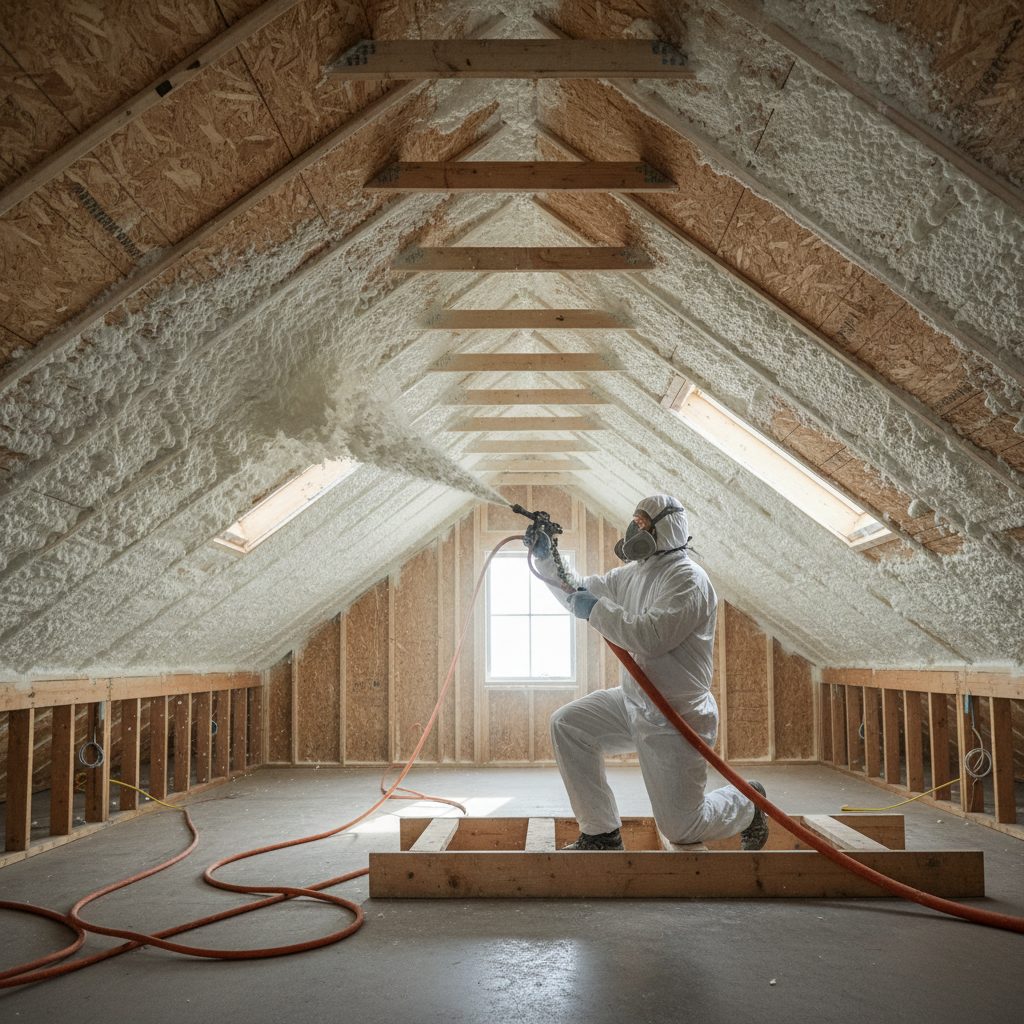 Contractor applying spray foam insulation in a Greensboro, NC attic